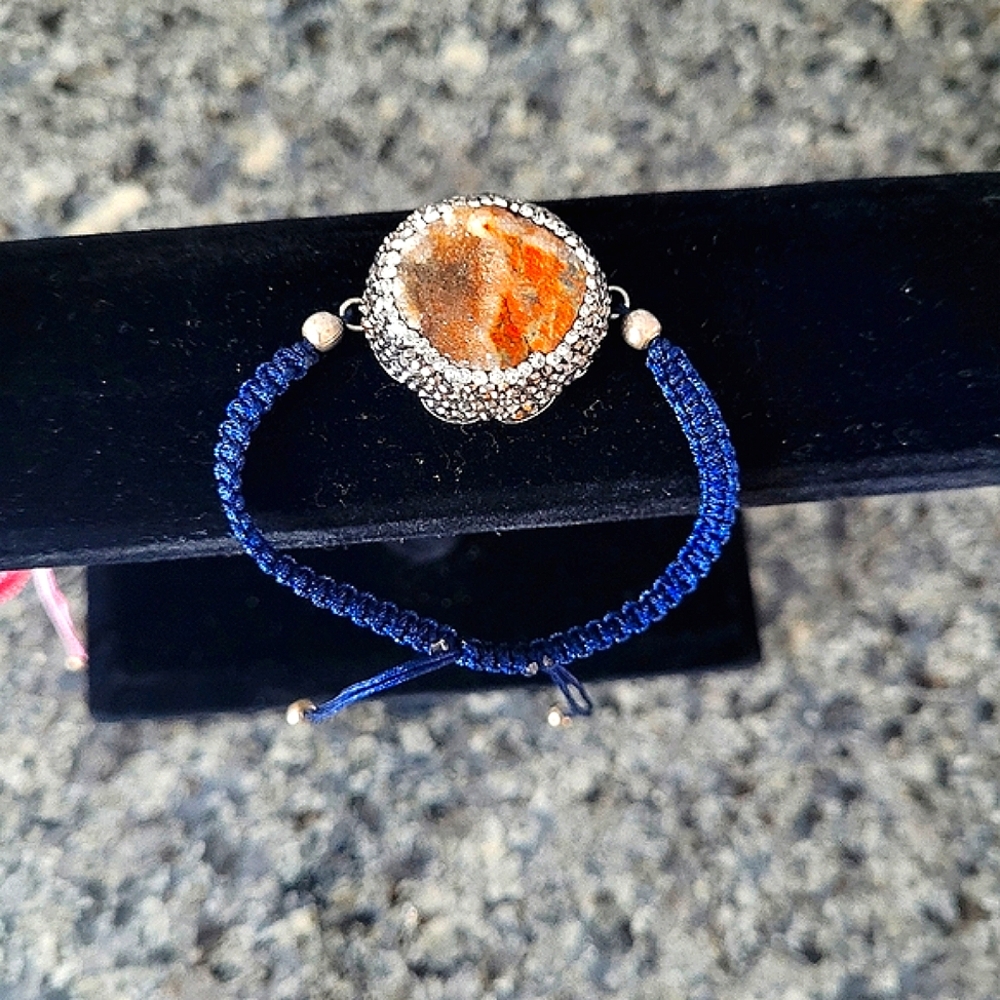 New Genuine Natural Druzy 925 silver Swarovski crystals braided navy bracelet